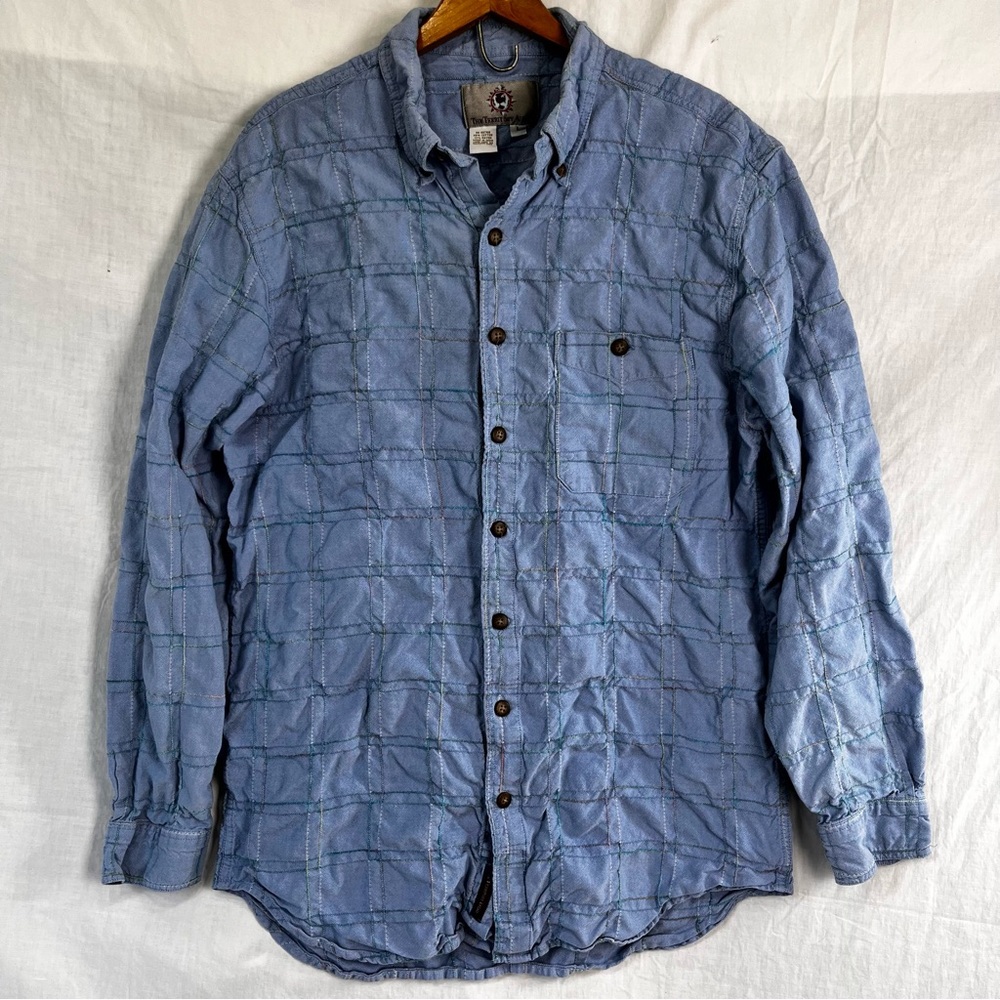 Vintage The Territory Ahead Blue Quilt Pattern Shirt Men Large Textured Button L